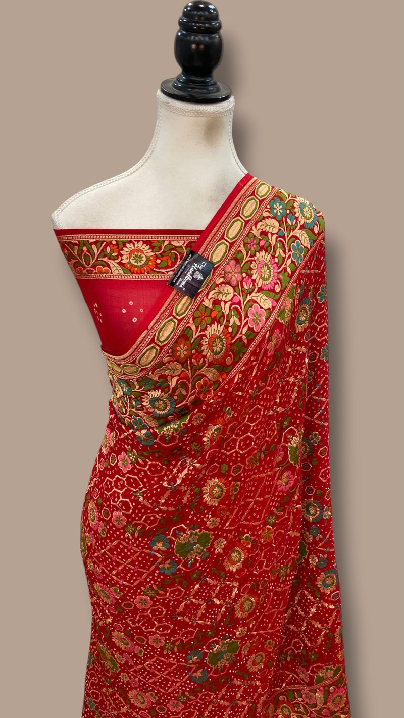 Pure Georgette Banarasi Bandhej Handloom Saree - Meenakari