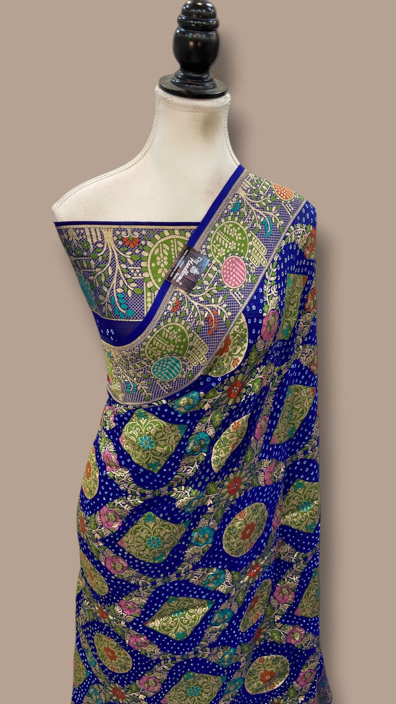 Pure Georgette Banarasi Bandhej Handloom Saree - Meenakari