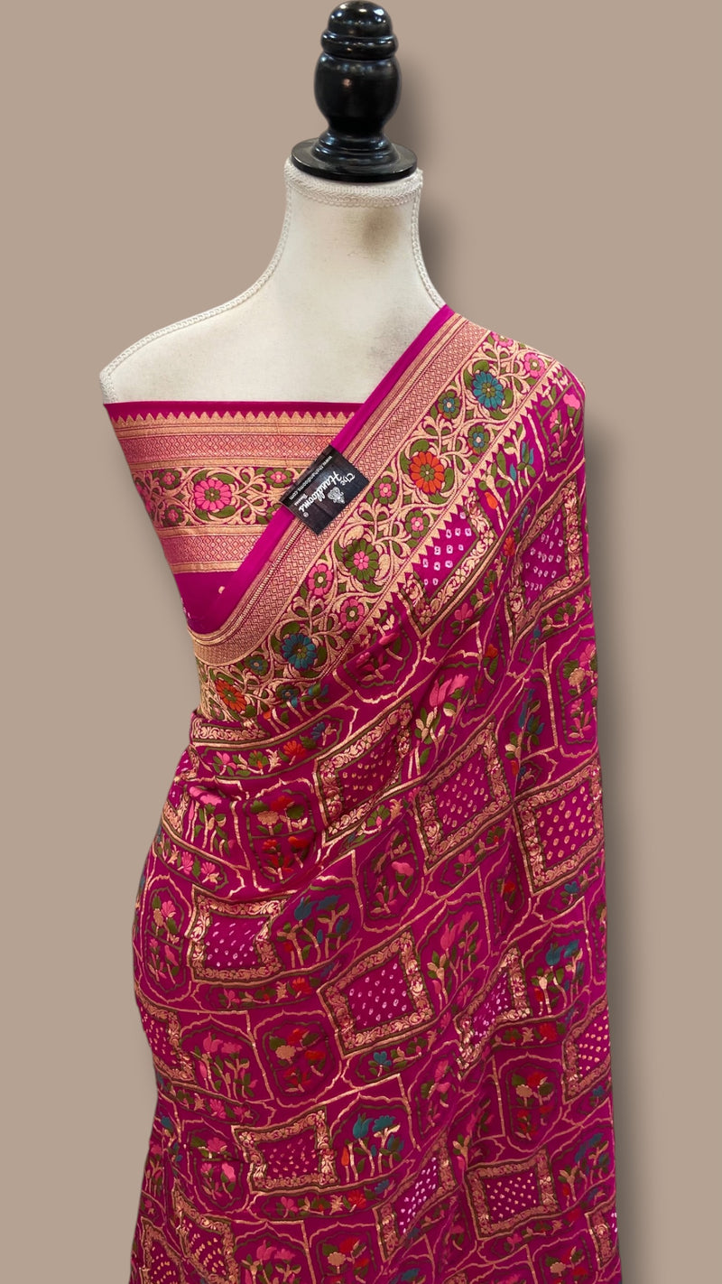 Pure Georgette Banarasi Bandhej Handloom Saree - Meenakari