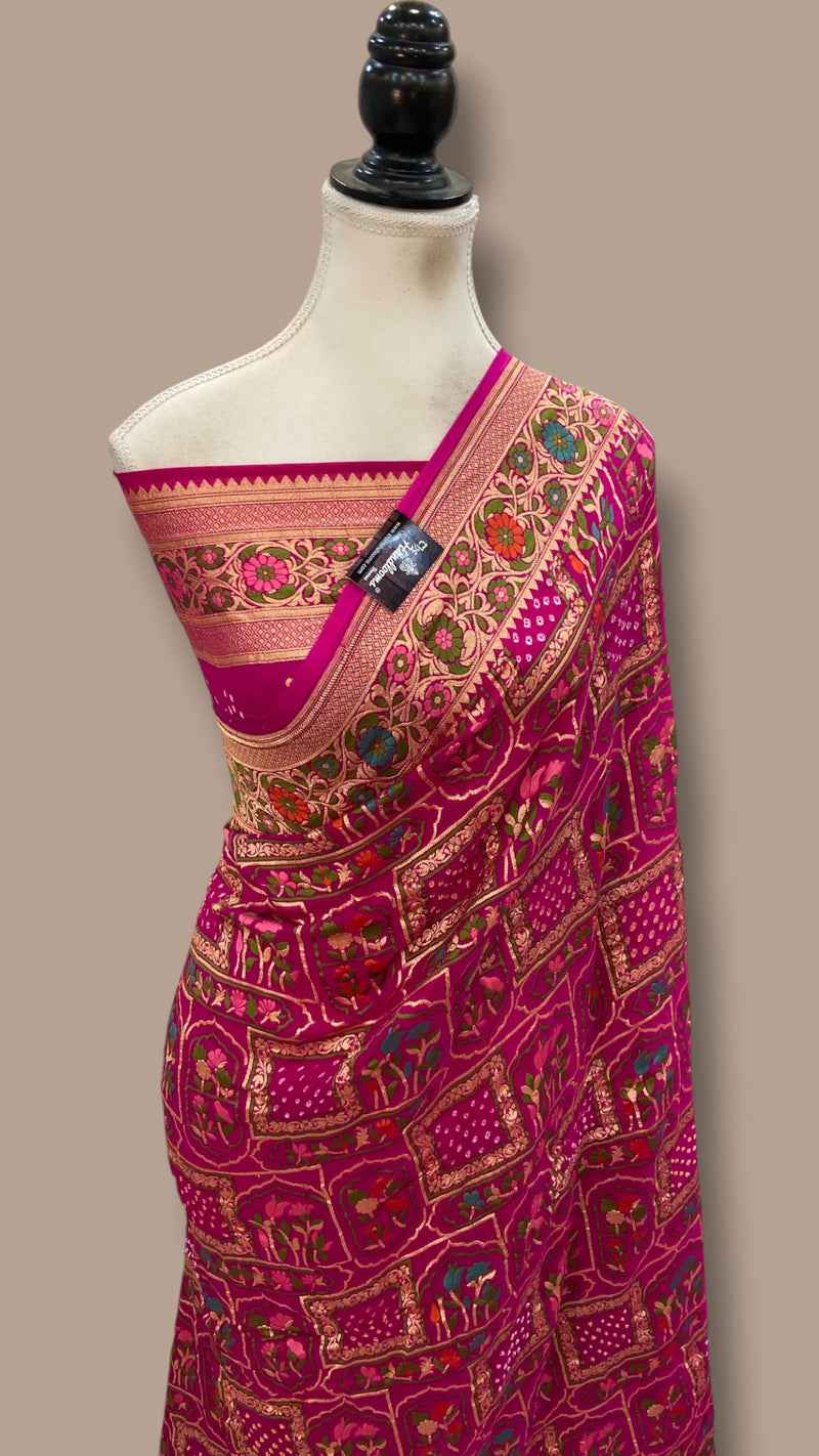 Pure Georgette Banarasi Bandhej Handloom Saree - Meenakari
