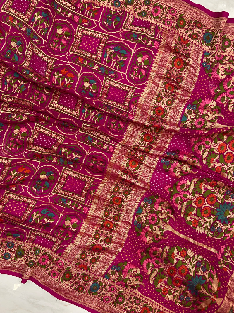 Pure Georgette Banarasi Bandhej Handloom Saree - Meenakari