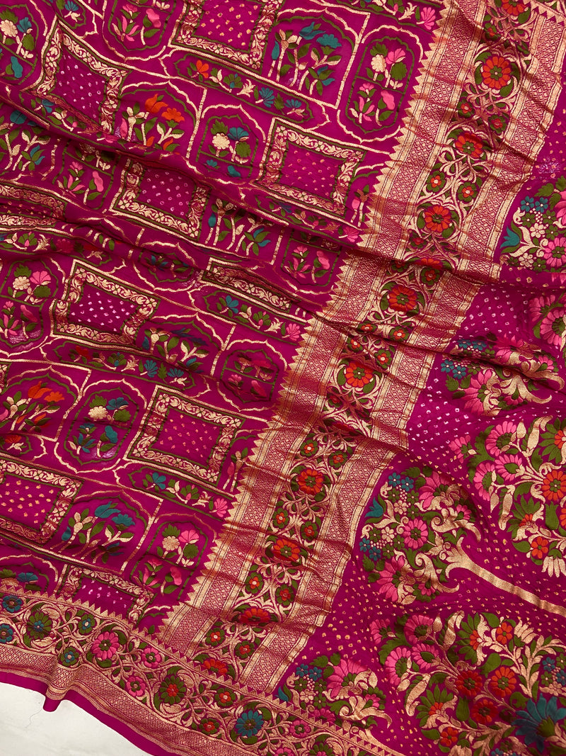 Pure Georgette Banarasi Bandhej Handloom Saree - Meenakari