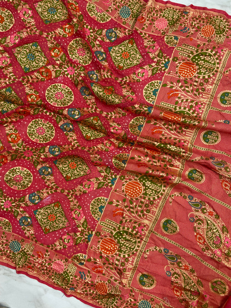 Pure Georgette Banarasi Bandhej Handloom Saree - Meenakari
