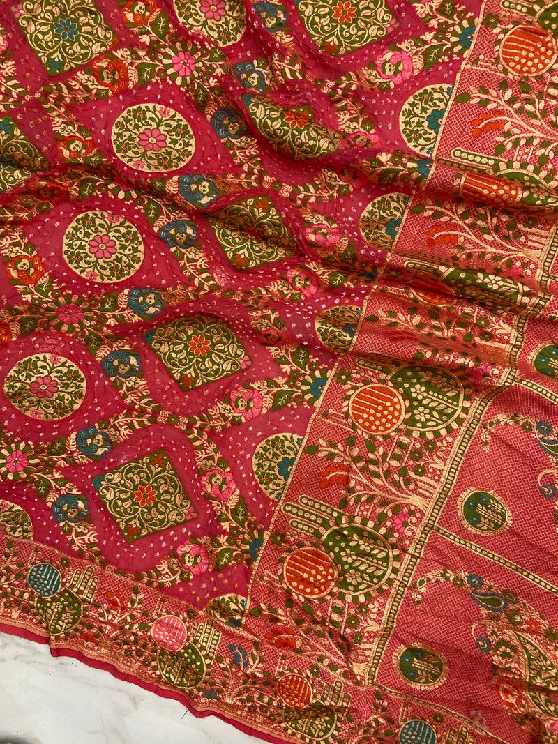 Pure Georgette Banarasi Bandhej Handloom Saree - Meenakari