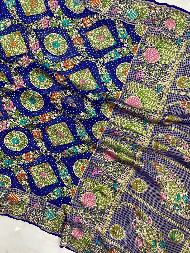 Pure Georgette Banarasi Bandhej Handloom Saree - Meenakari