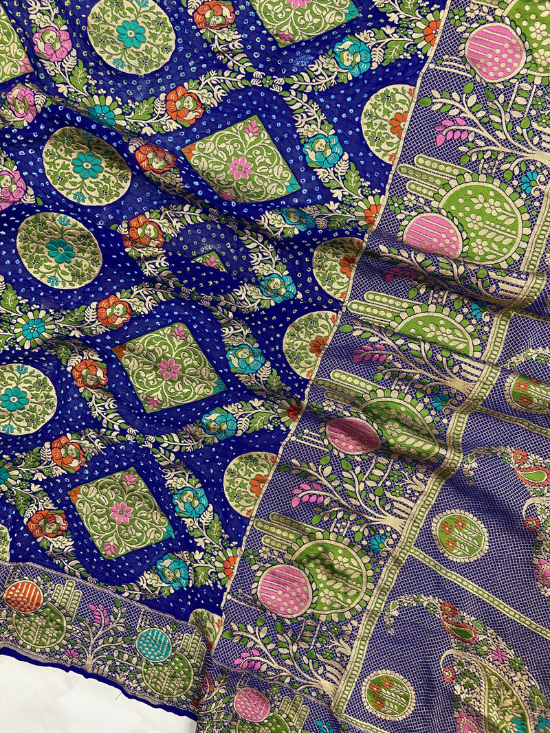 Pure Georgette Banarasi Bandhej Handloom Saree - Meenakari