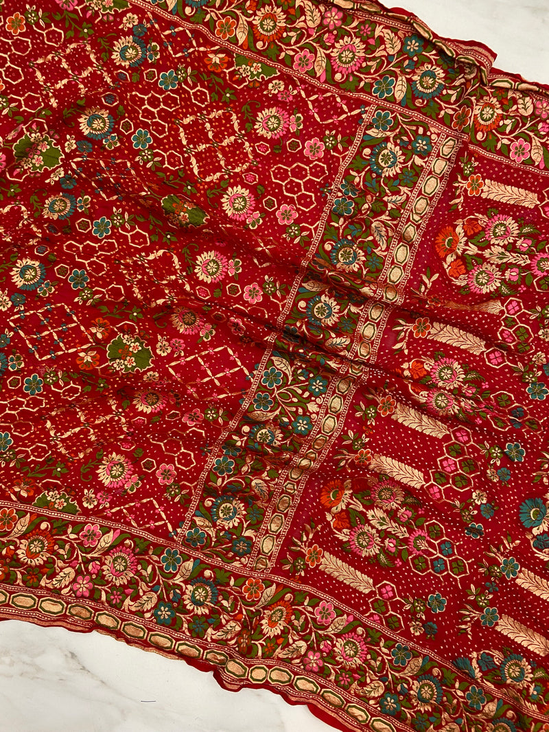 Pure Georgette Banarasi Bandhej Handloom Saree - Meenakari