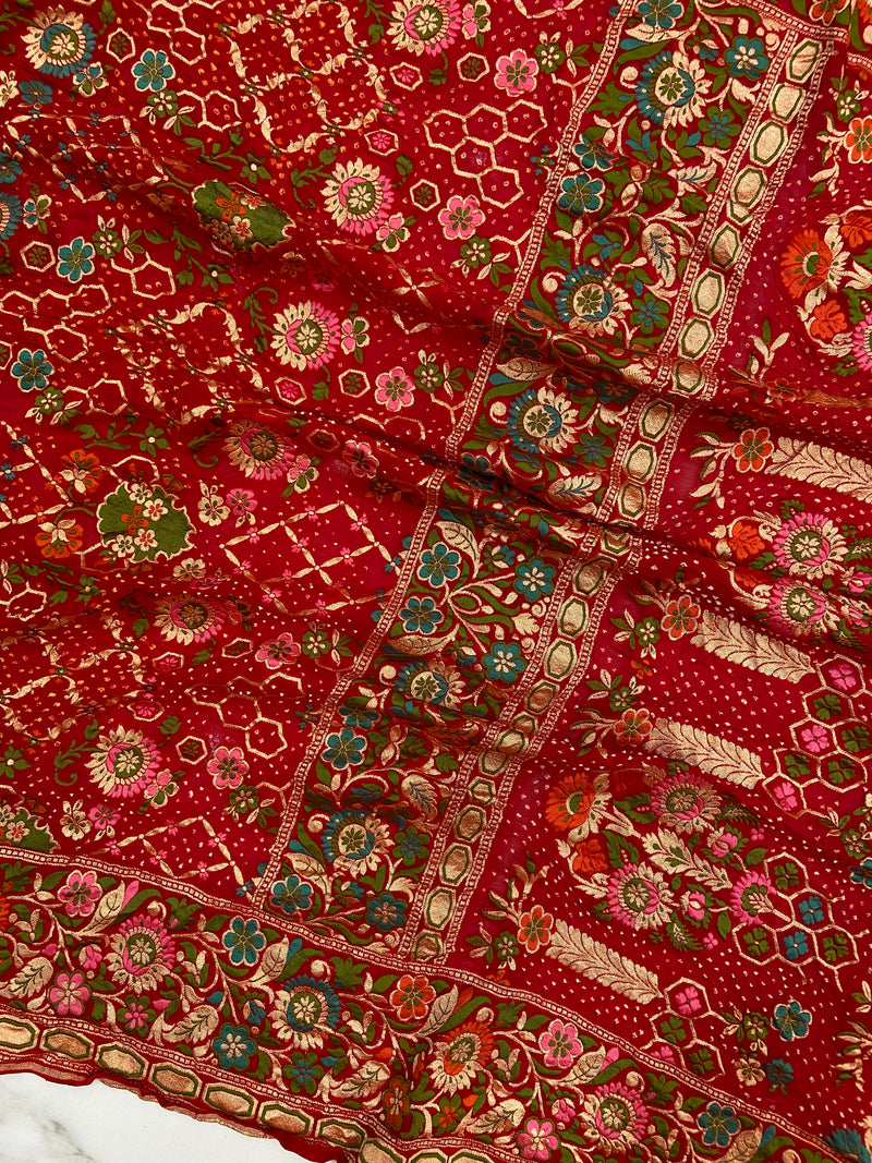 Pure Georgette Banarasi Bandhej Handloom Saree - Meenakari