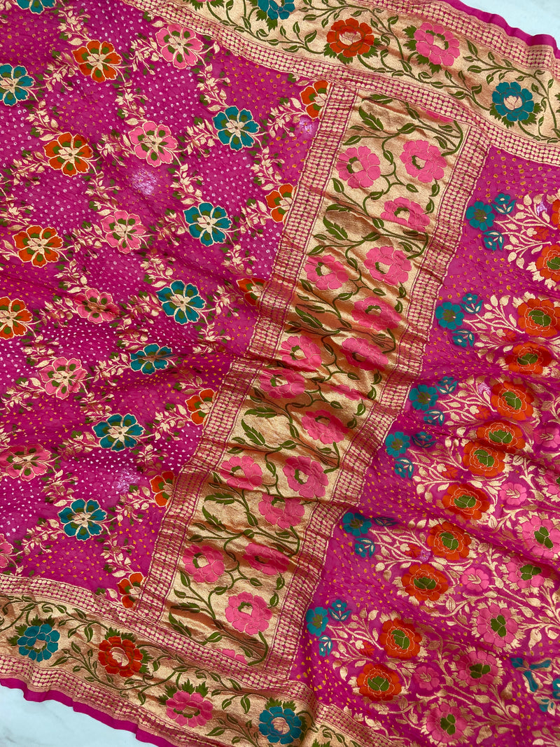 Pure Georgette Banarasi Bandhej Handloom Saree - Meenakari