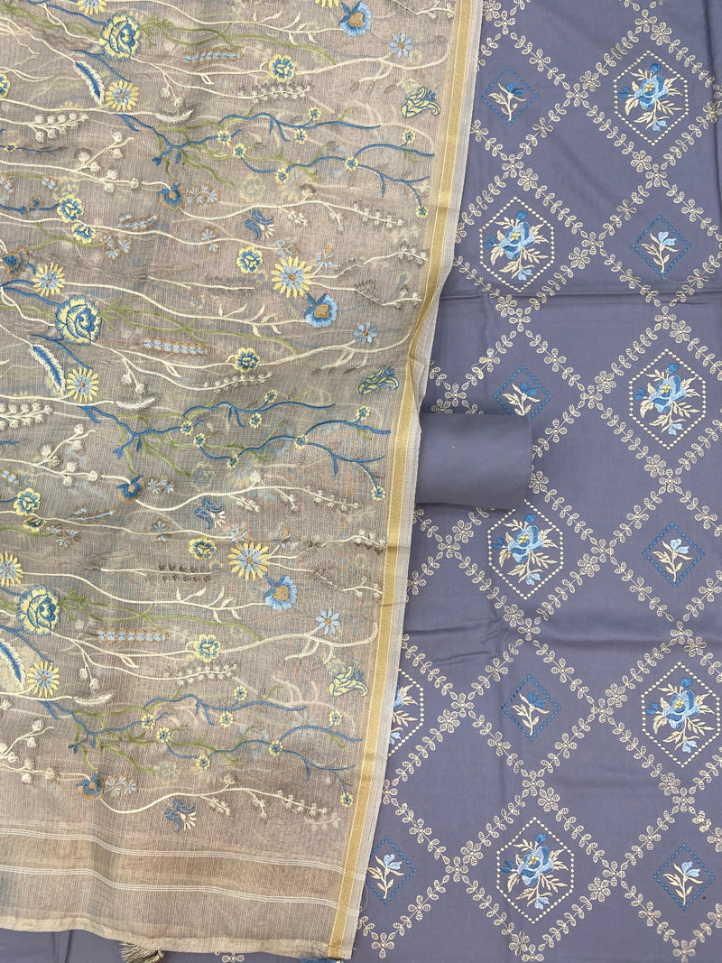 Pure Chanderi Cotton Banarasi Dress material - Chikankari With Organza Dupatta - The Handlooms