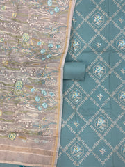 Pure Chanderi Cotton Banarasi Dress material - Chikankari With Organza Dupatta - The Handlooms