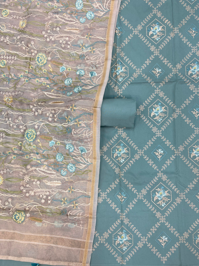 Pure Chanderi Cotton Banarasi Dress material - Chikankari With Organza Dupatta - The Handlooms