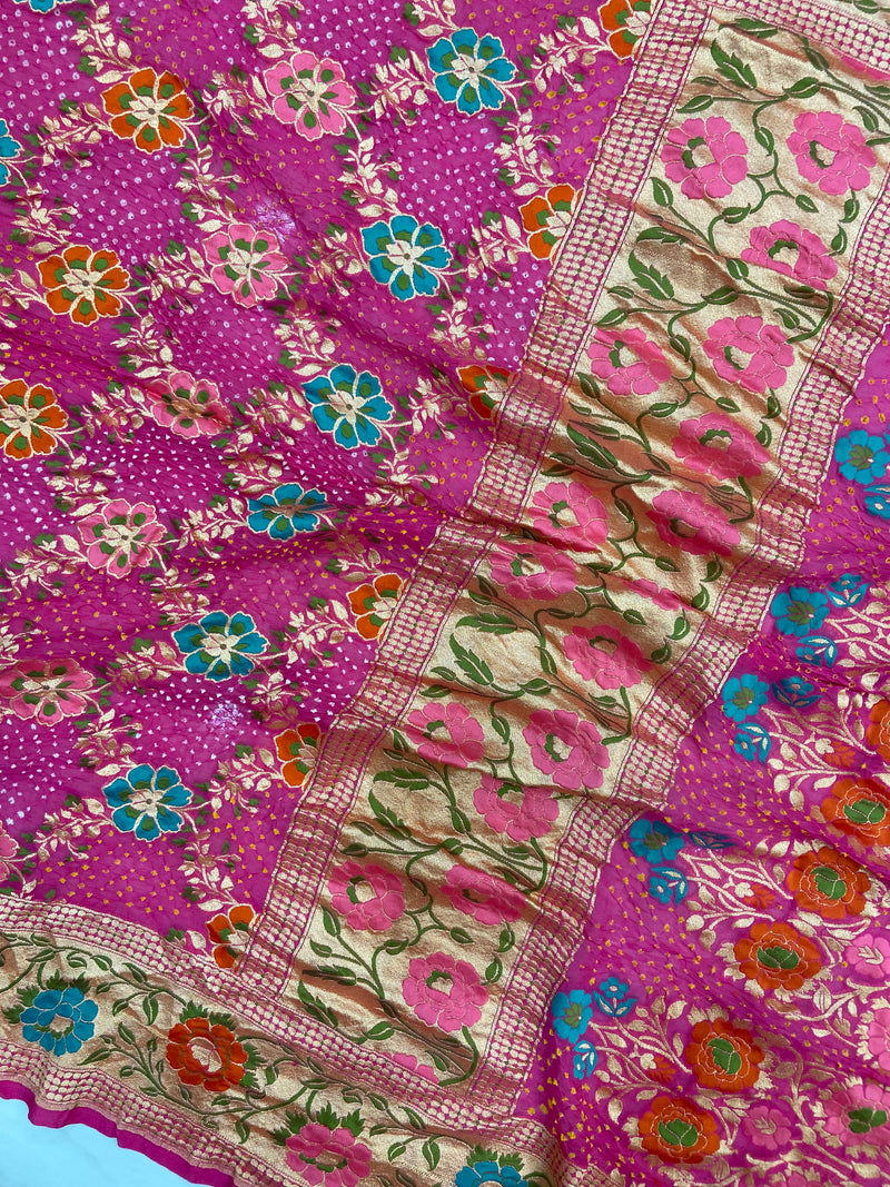 Pure Georgette Banarasi Bandhej Handloom Saree - Meenakari