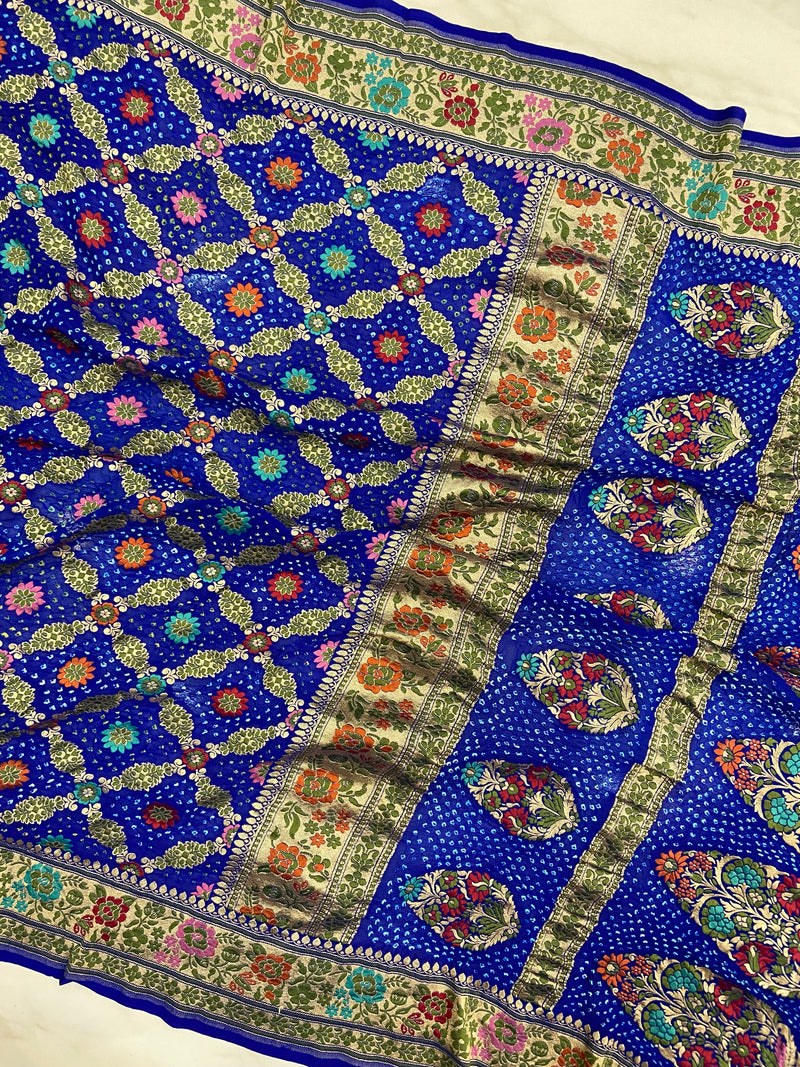 Pure Georgette Banarasi Bandhej Handloom Saree - Meenakari