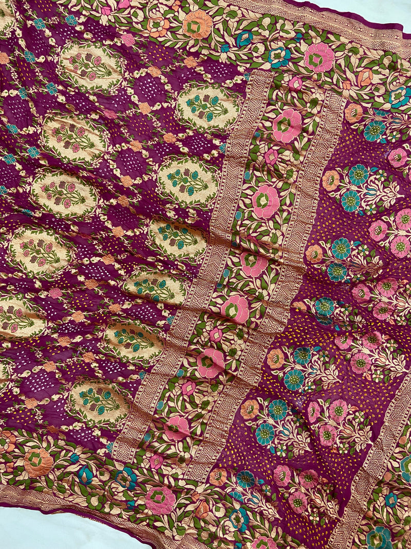 Pure Georgette Banarasi Bandhej Handloom Saree - Meenakari