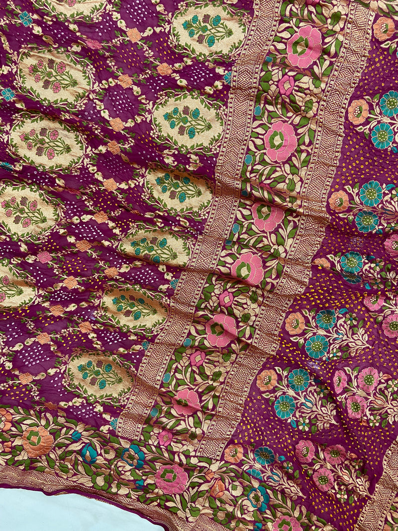 Pure Georgette Banarasi Bandhej Handloom Saree - Meenakari