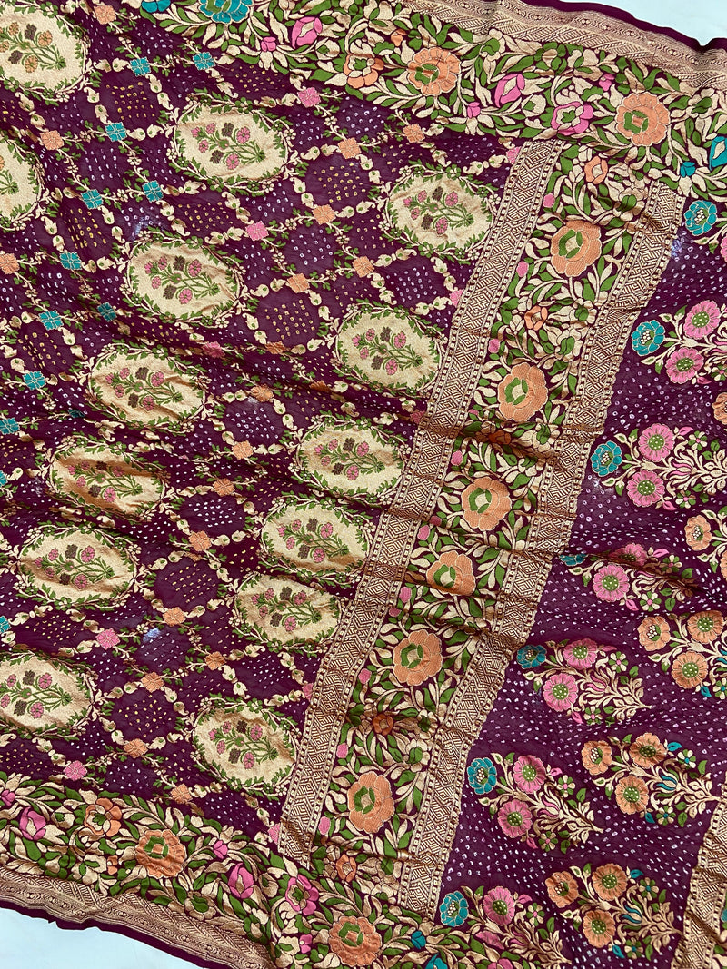 Pure Georgette Banarasi Bandhej Handloom Saree - Meenakari
