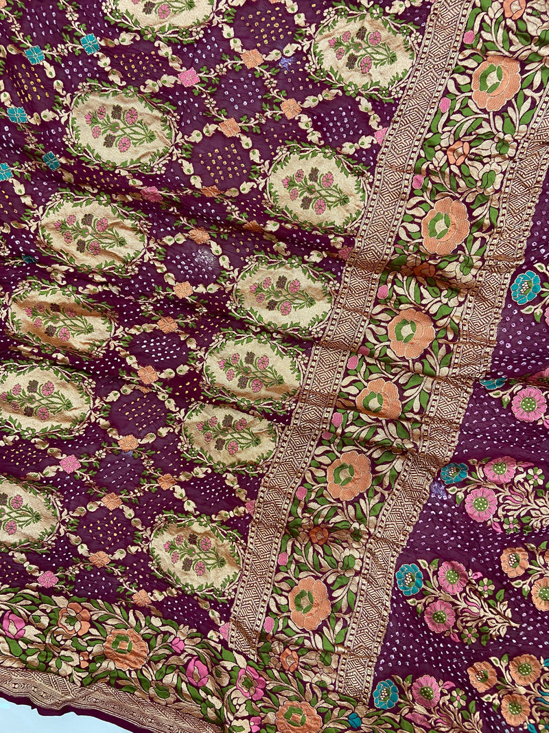 Pure Georgette Banarasi Bandhej Handloom Saree - Meenakari