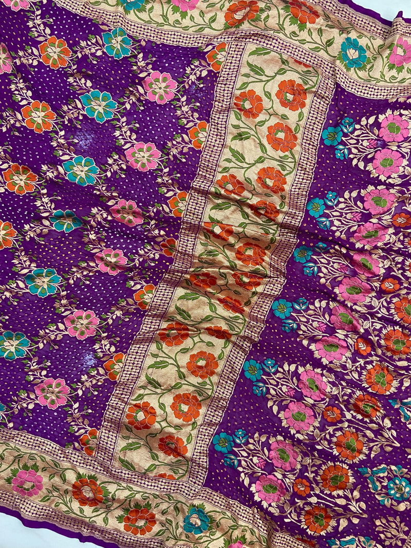 Pure Georgette Banarasi Bandhej Handloom Saree - Meenakari