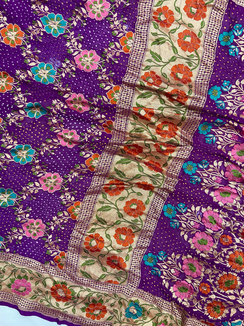 Pure Georgette Banarasi Bandhej Handloom Saree - Meenakari