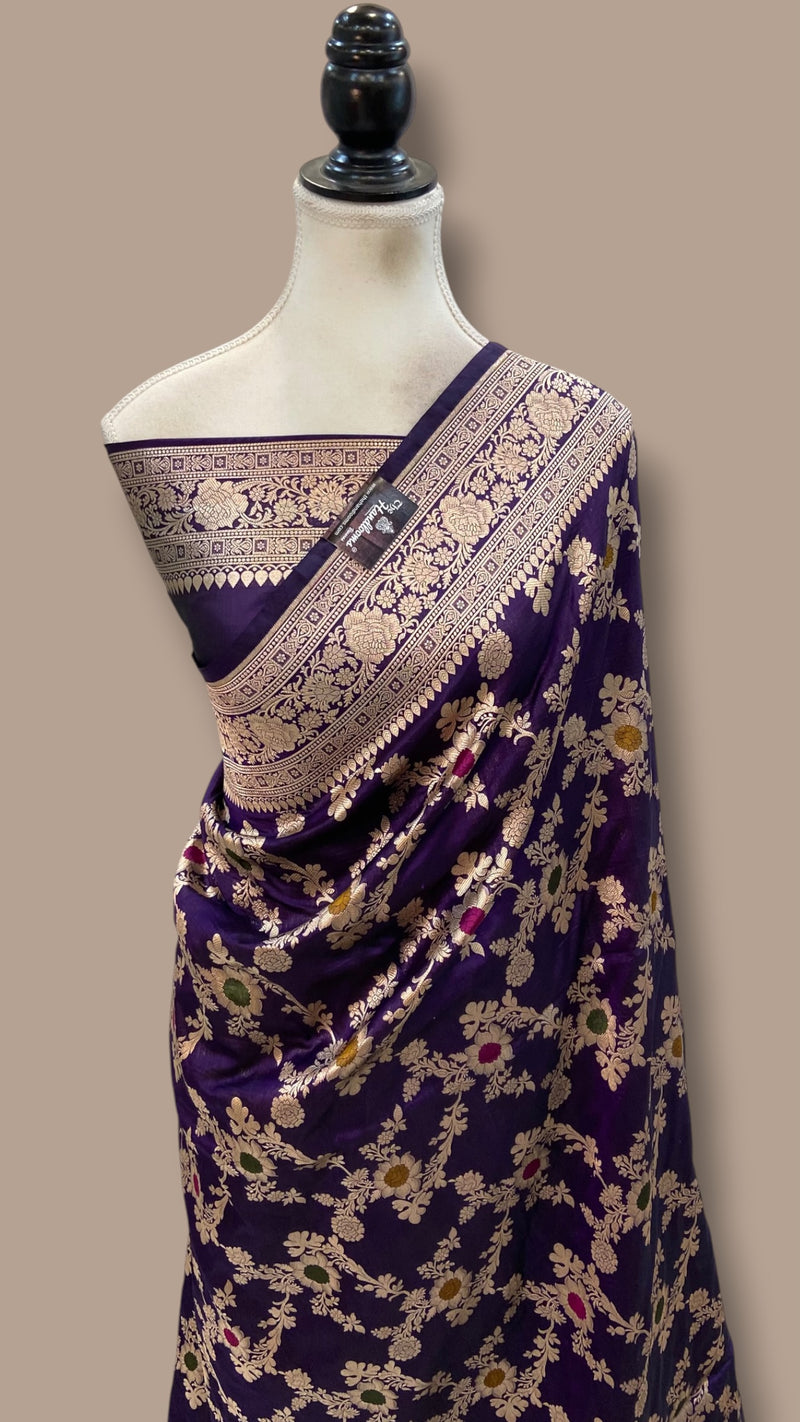 Pure Katan Silk Banarasi Handloom Saree - All Over Jaal Work With Meenakari