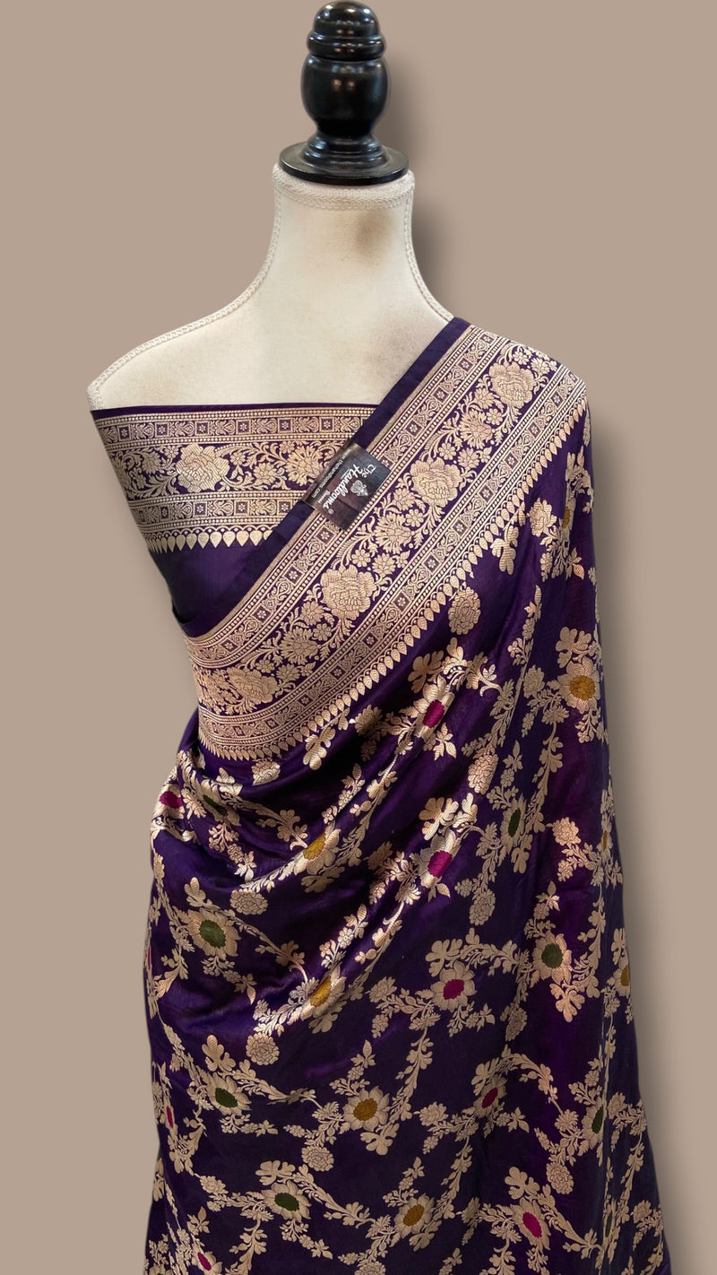 Pure Katan Silk Banarasi Handloom Saree - All Over Jaal Work With Meenakari
