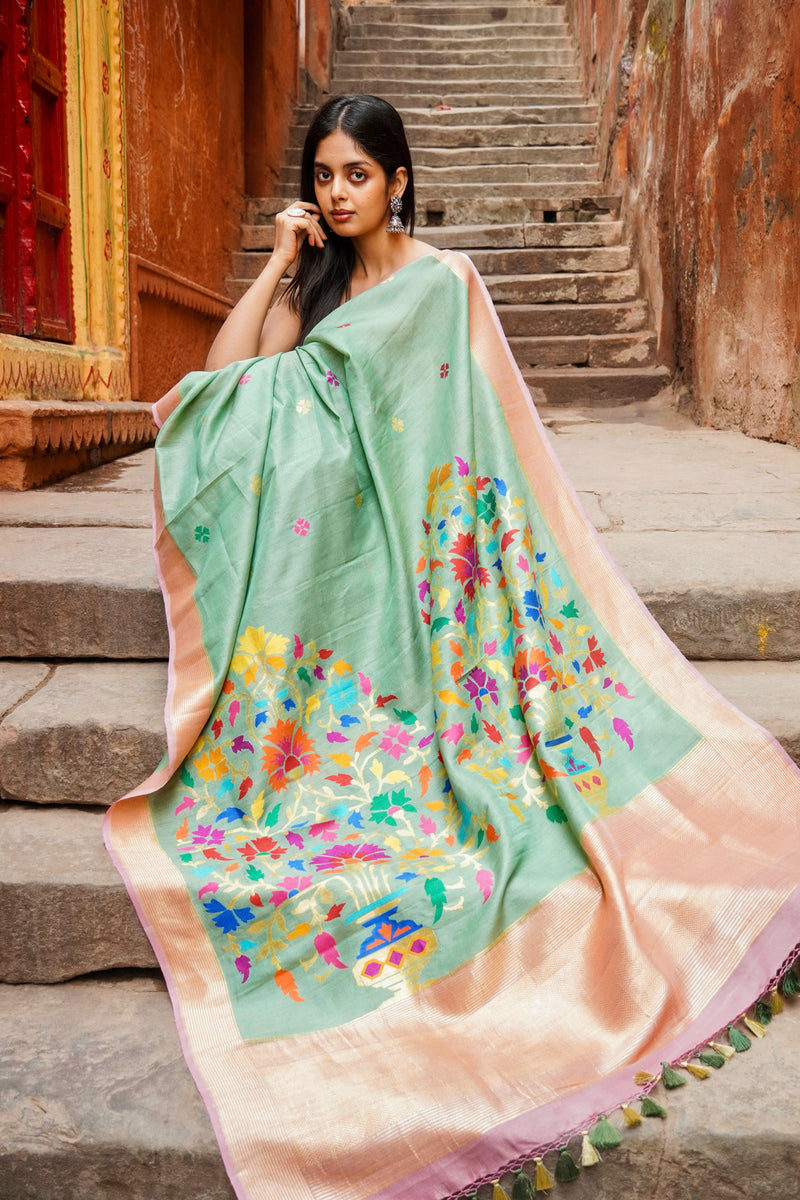 Desi Tussar Silk Handloom Banarasi Saree All Over Kadua Work - The Handlooms