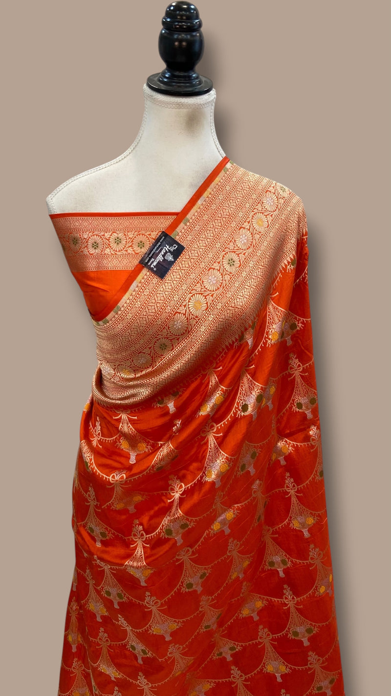Pure Katan Silk Banarasi Handloom Saree - All Over Jaal Work With Meenakari