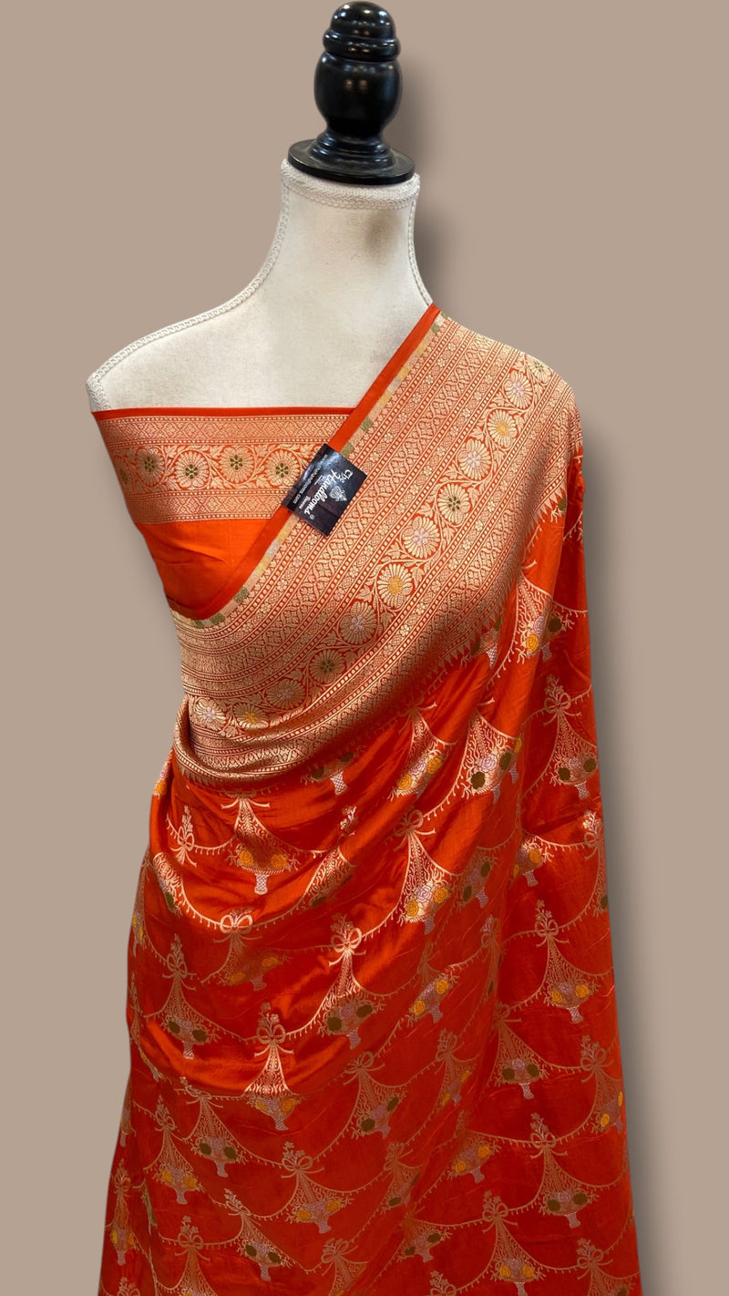 Pure Katan Silk Banarasi Handloom Saree - All Over Jaal Work With Meenakari