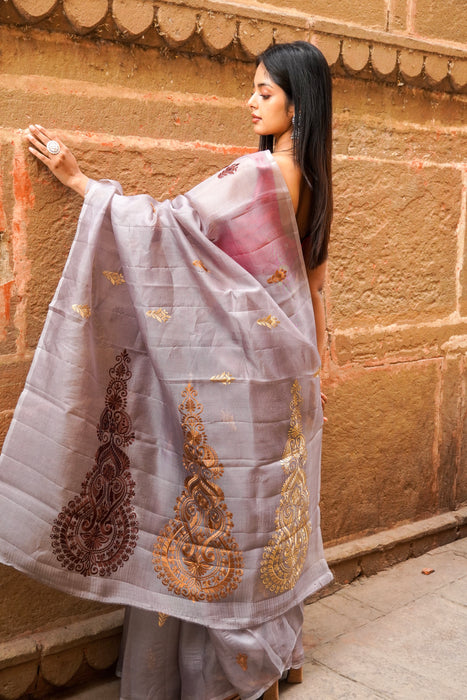 Pure Organza Chikankari Handloom Banarasi Saree