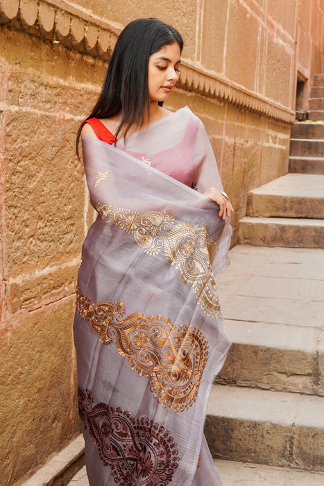 Pure Organza Chikankari Handloom Banarasi Saree