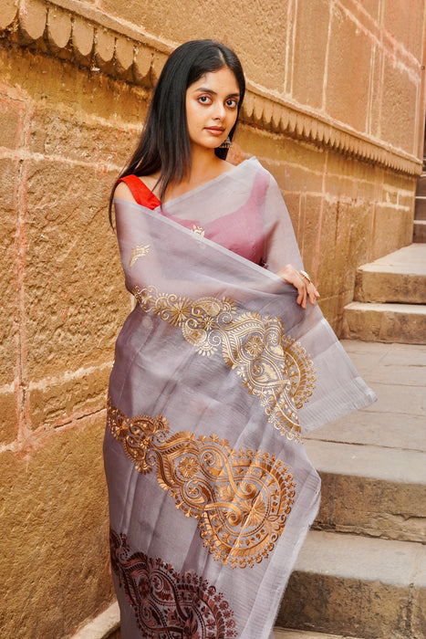 Pure Organza Chikankari Handloom Banarasi Saree