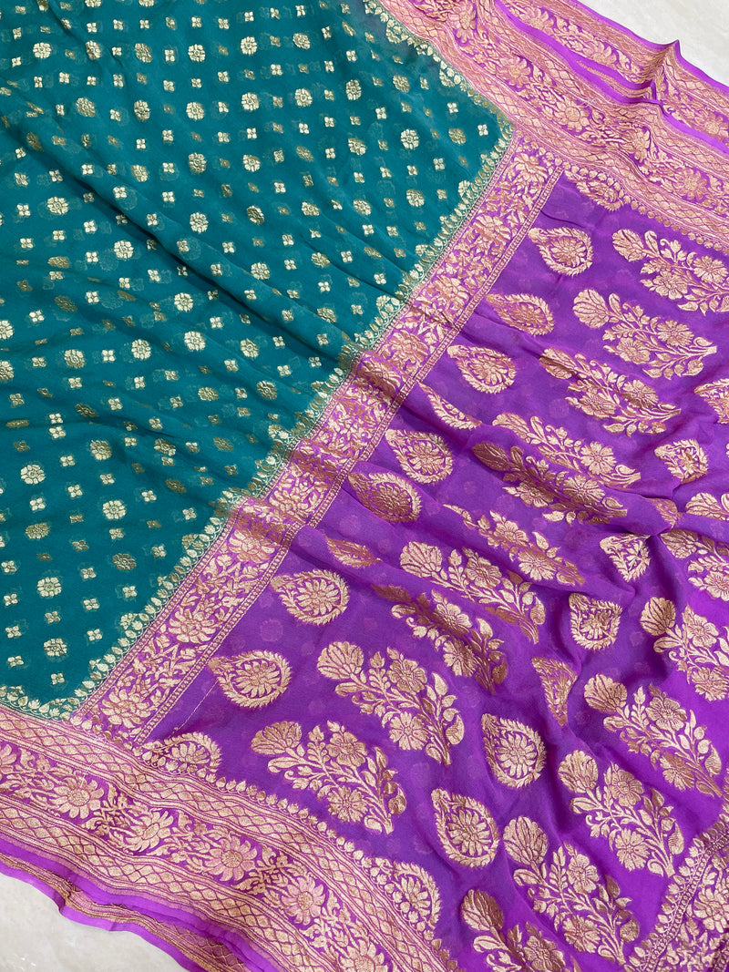 Dual Shade Khaddi Georgette Handloom Banarasi Saree - Gold Zari - The Handlooms