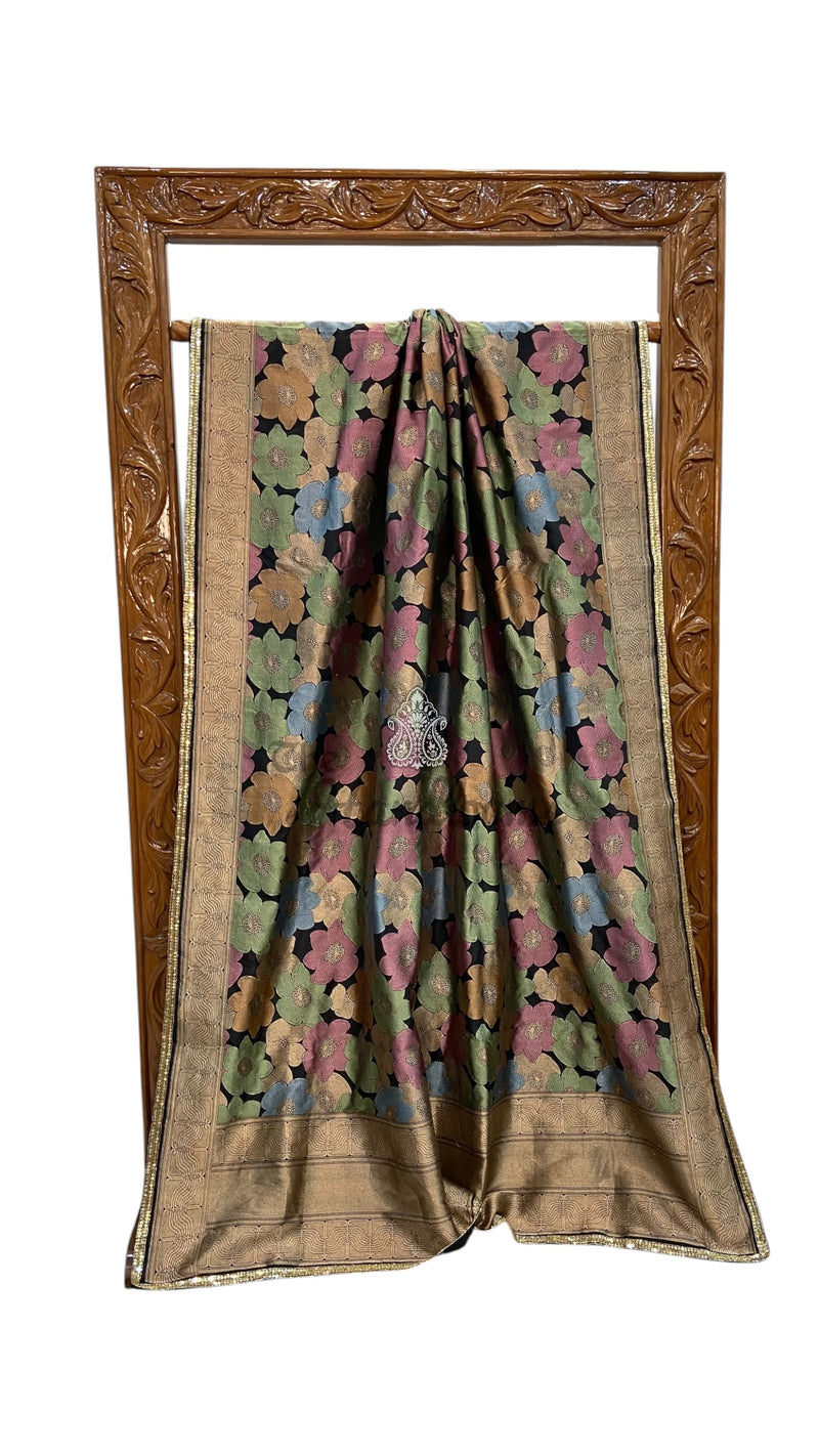 Nita Ambani in Pure Katan Silk Banarasi Handloom Saree - All over Floral Motifs with meenakari
