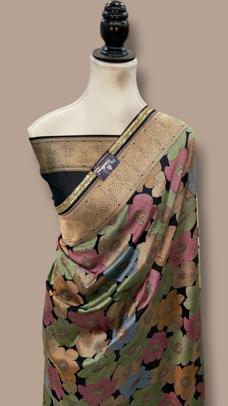 Nita Ambani in Pure Katan Silk Banarasi Handloom Saree - All over Floral Motifs with meenakari