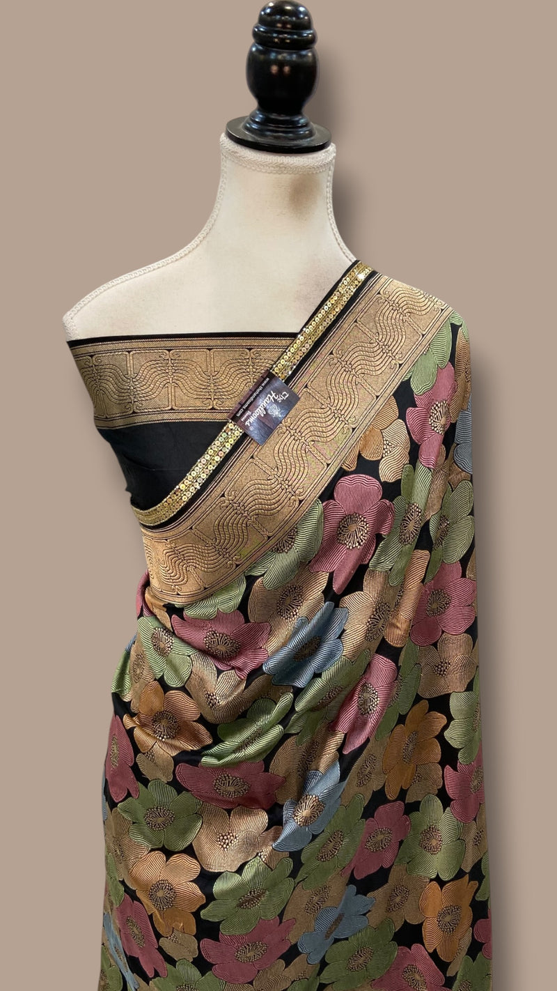 Nita Ambani in Pure Katan Silk Banarasi Handloom Saree - All over Floral Motifs with meenakari