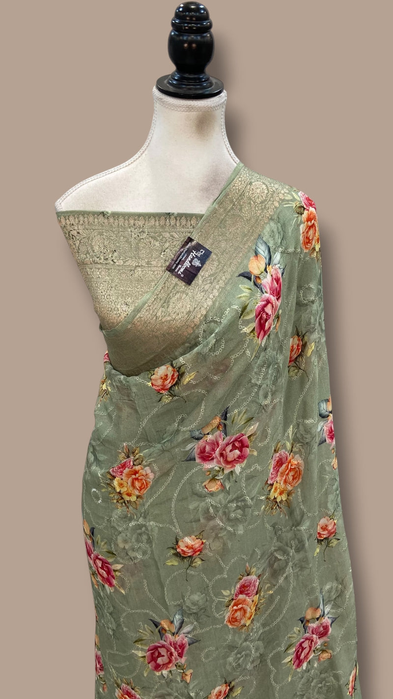 Pure Georgette Handloom Banarasi Saree - Chikankari With Digital Print