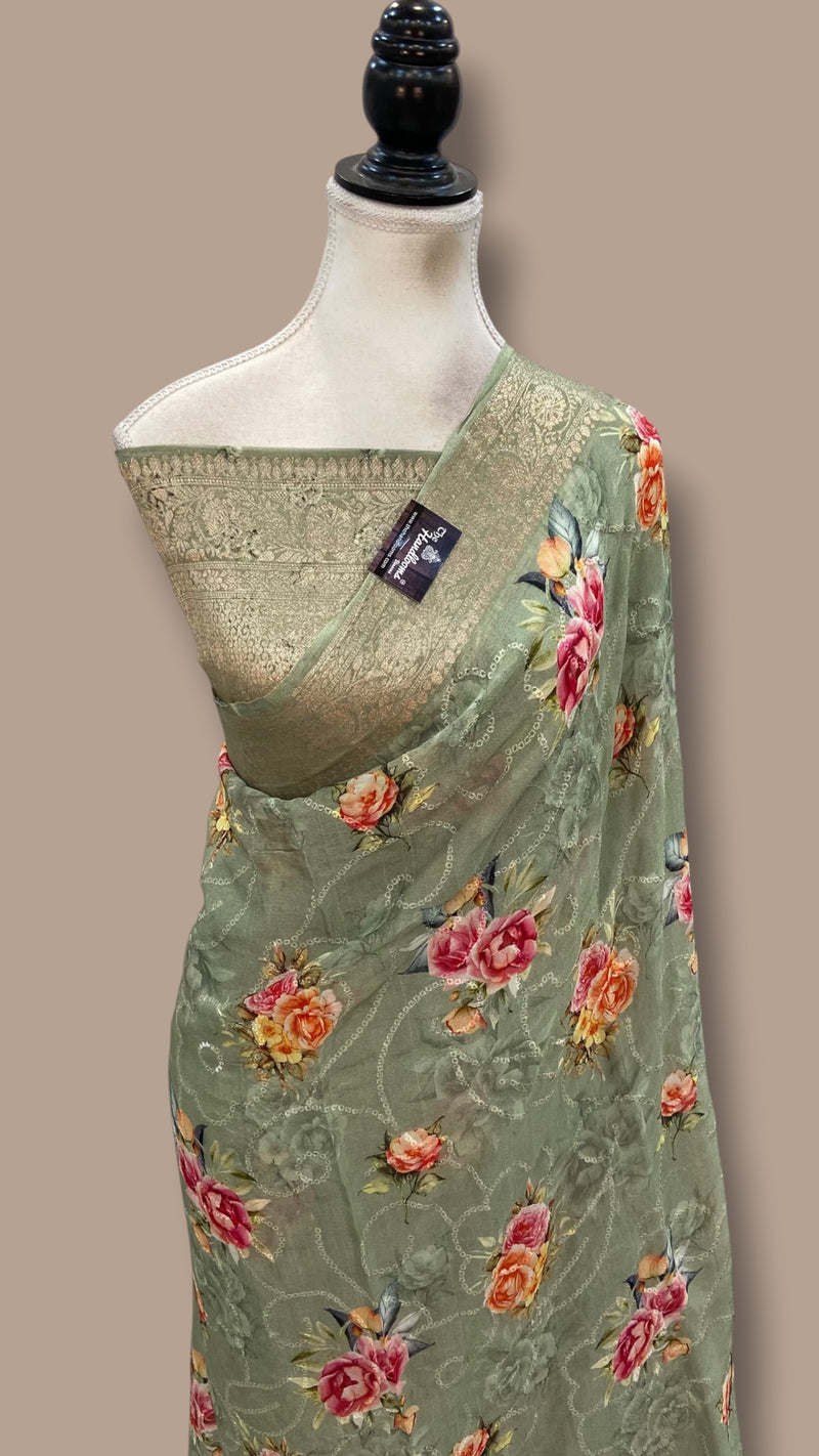 Pure Georgette Handloom Banarasi Saree - Chikankari With Digital Print