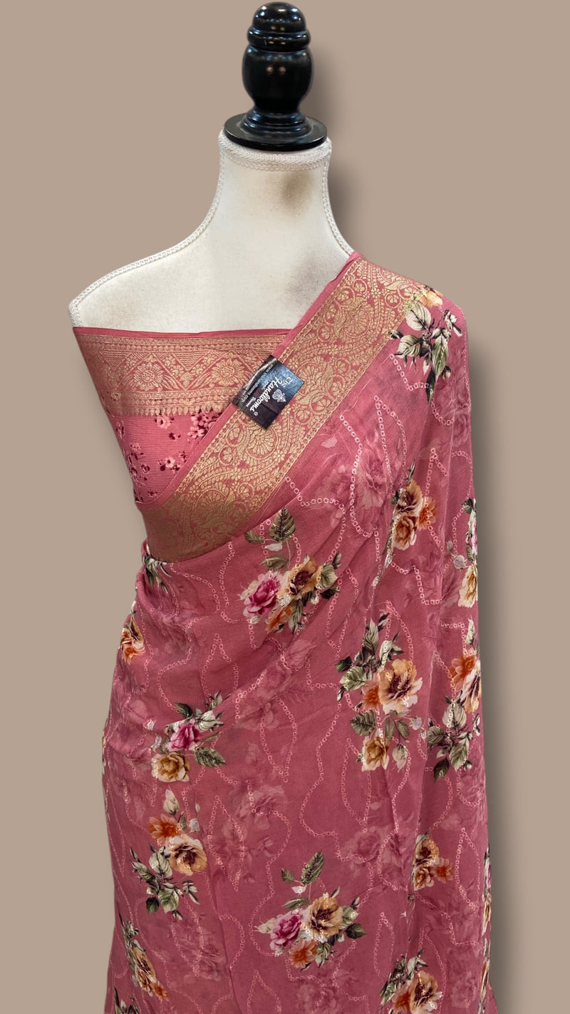 Pure Georgette Handloom Banarasi Saree - Chikankari With Digital Print