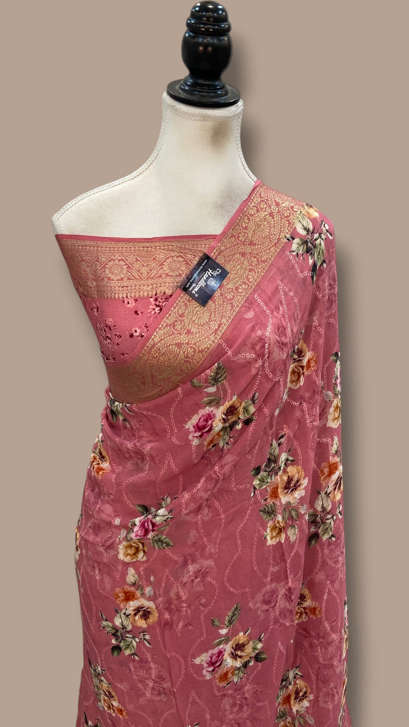 Pure Georgette Handloom Banarasi Saree - Chikankari With Digital Print
