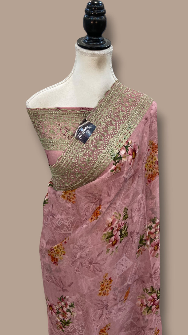 Pure Georgette Handloom Banarasi Saree - Chikankari With Digital Print