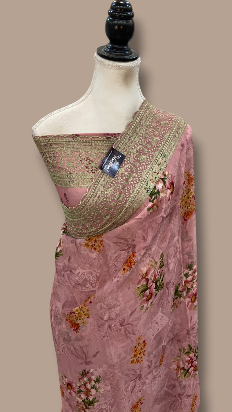 Pure Georgette Handloom Banarasi Saree - Chikankari With Digital Print
