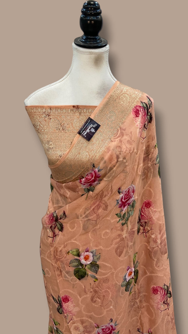 Pure Georgette Handloom Banarasi Saree - Chikankari With Digital Print