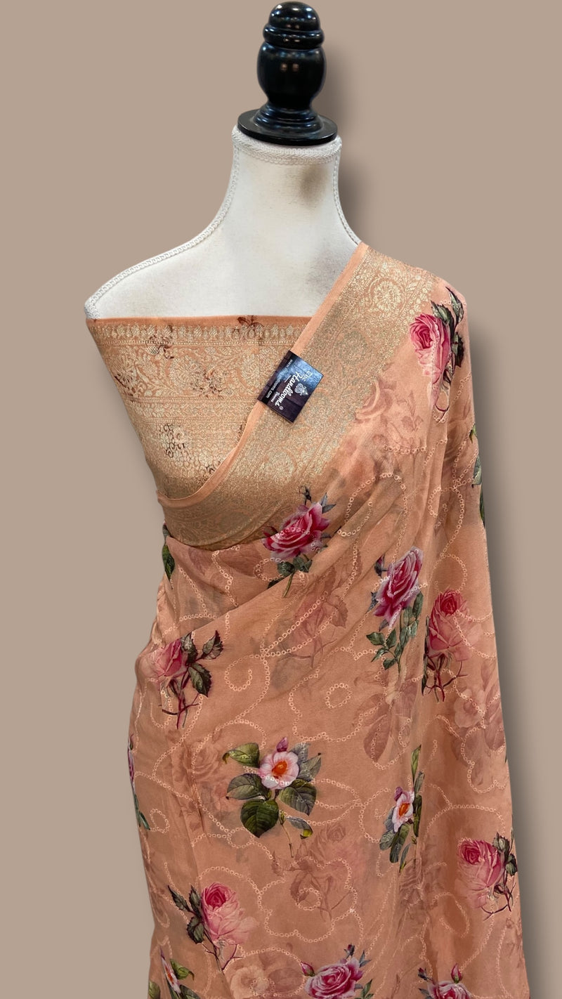 Pure Georgette Handloom Banarasi Saree - Chikankari With Digital Print