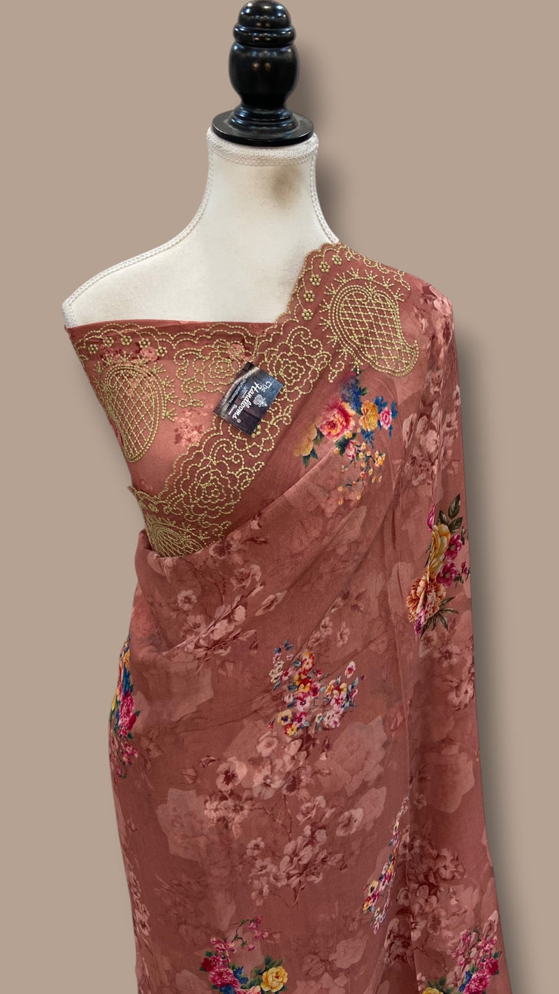 Pure Georgette Handloom Banarasi Saree - Chikankari With Digital Print