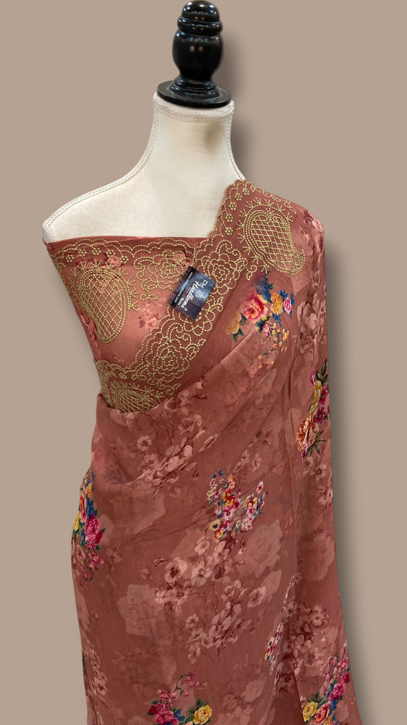 Pure Georgette Handloom Banarasi Saree - Chikankari With Digital Print