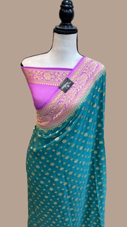 Dual Shade Khaddi Georgette Handloom Banarasi Saree - Gold Zari - The Handlooms