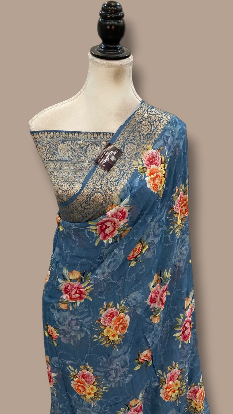 Pure Georgette Handloom Banarasi Saree - Chikankari With Digital Print