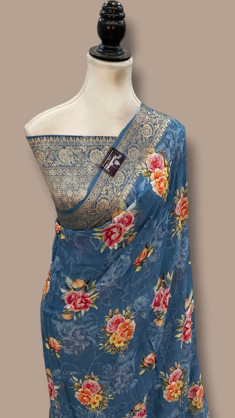 Pure Georgette Handloom Banarasi Saree - Chikankari With Digital Print