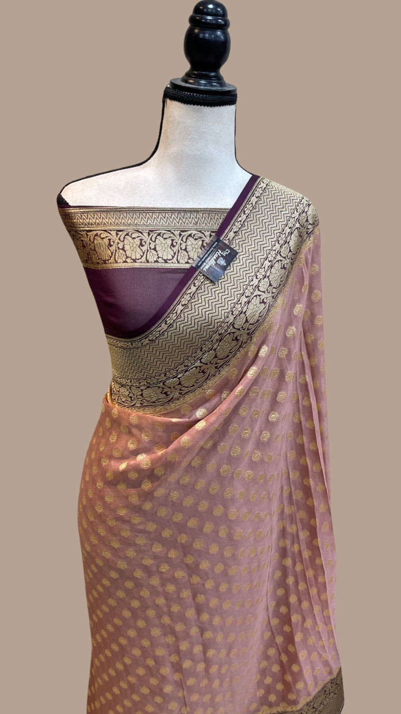 Dual Shade Khaddi Georgette Handloom Banarasi Saree - Gold Zari - The Handlooms